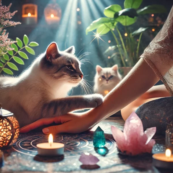 uma cena serena e mística mostrando um gato se esfregando gentilmente na perna de uma pessoa o fundo inclui iluminação suave ambiente plantas e elementos espirituais como cristais e incenso o gato parece contente e calmo destacando a conexão espiritual e a atmosfera pacífica