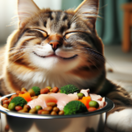 Gato listrado deitado com expressão de satisfação na frente de uma tigela cheia de comida variada, incluindo legumes e pedaços de carne.