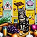 Gato listrado sentado em uma mesa com alimentos perigosos para gatos, como uvas, cebolas e chocolate, com cartazes de advertência ao fundo.