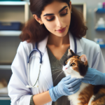 Veterinária segurando um gato tricolor com luvas azuis, em um consultório veterinário, olhando atentamente para o animal.