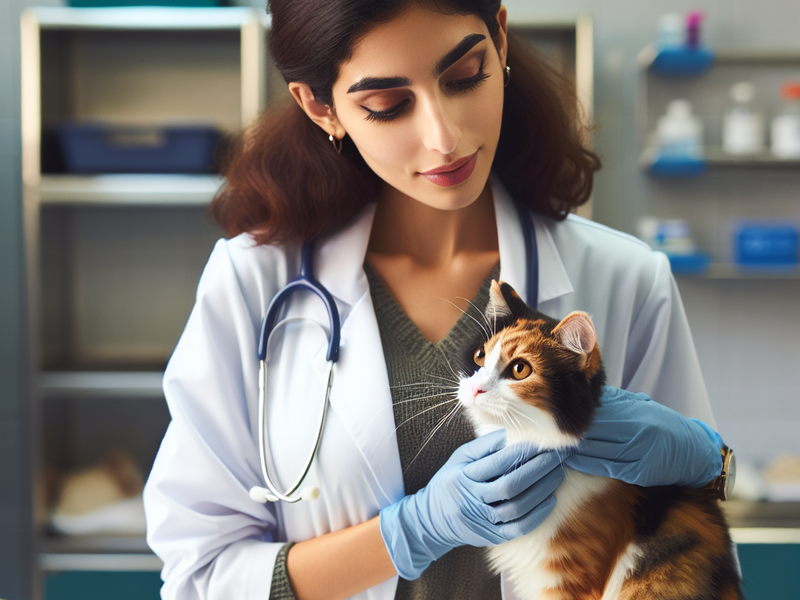 Veterinária segurando um gato tricolor com luvas azuis, em um consultório veterinário, olhando atentamente para o animal.