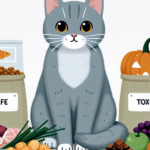 Ilustração de um gato cinza sentado entre duas caixas, uma com alimentos seguros e outra com alimentos tóxicos, incluindo carne, cebolas, e chocolate.