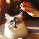 Pessoa administrando medicamento líquido com um conta-gotas para um gato branco de olhos azuis, que parece curioso e animado.