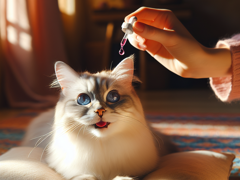 Pessoa administrando medicamento líquido com um conta-gotas para um gato branco de olhos azuis, que parece curioso e animado.