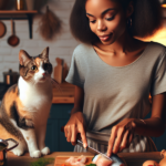 Mulher preparando comida na cozinha enquanto um gato observa atentamente ao seu lado.