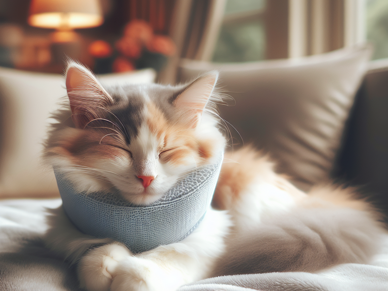 Gato dormindo com um colar protetor ao redor do pescoço, descansando em um ambiente confortável e acolhedor.