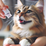 Pessoa administrando medicamento líquido para um gato de pelo longo, que parece tranquilo e com a boca aberta.