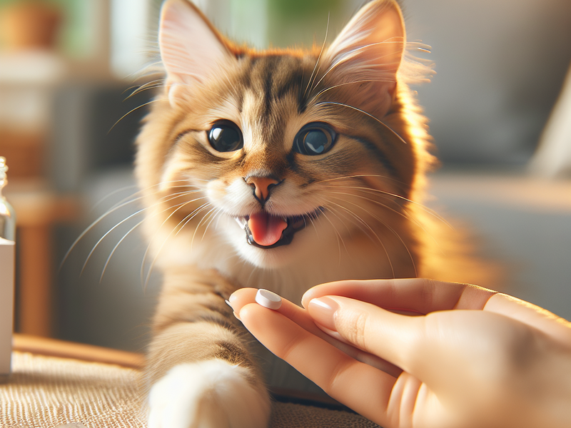 Gato sorridente recebendo um comprimido da mão de uma pessoa, em um ambiente iluminado e aconchegante.