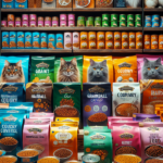 Prateleira de loja de pet shop repleta de diversas marcas de alimentos para gatos, com embalagens coloridas e imagens de gatos nas frentes dos pacotes.