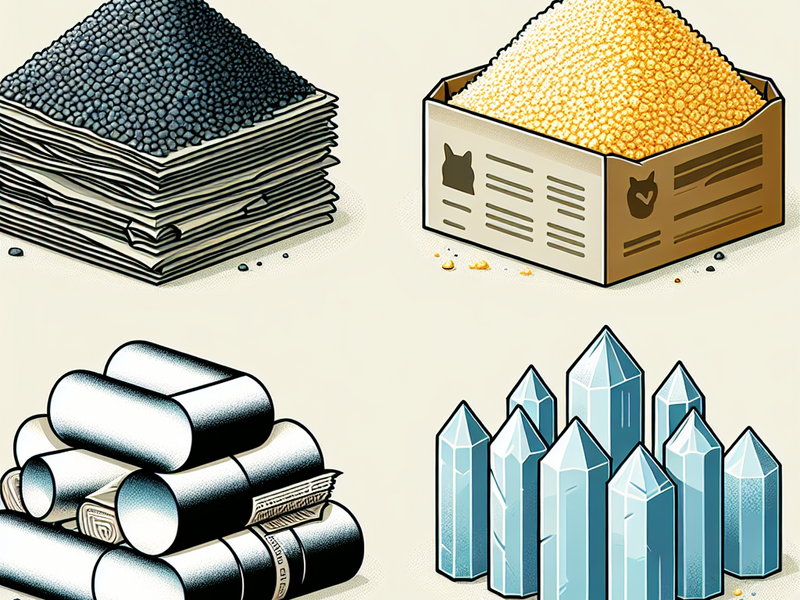 Ilustração de grânulos pretos em papel, grânulos amarelos em caixa de papelão, cilindros metálicos empilhados e cristais azulados translúcidos.