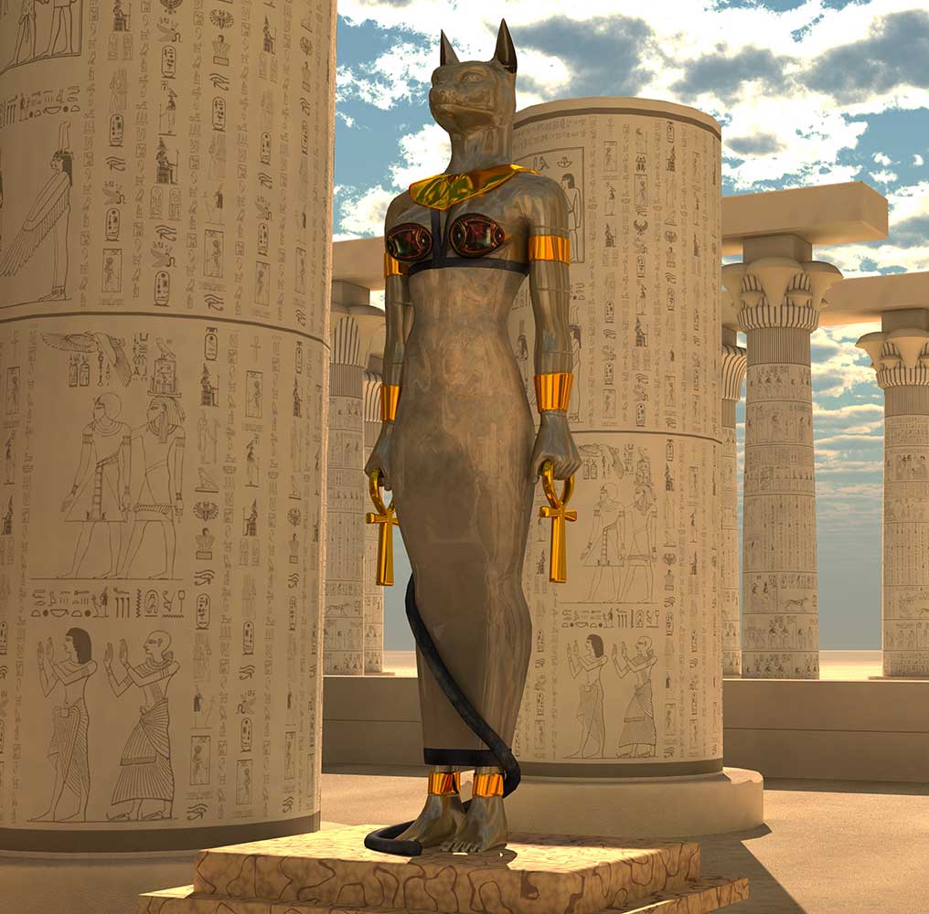 Estátua antiga da deusa Bastet, do antigo Egito, com cabeça de gato, simbolizando a proteção e a reverência pelos gatos.