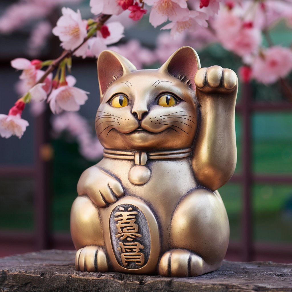 Estátua do Maneki-neko com a pata levantada, simbolizando sorte e prosperidade.