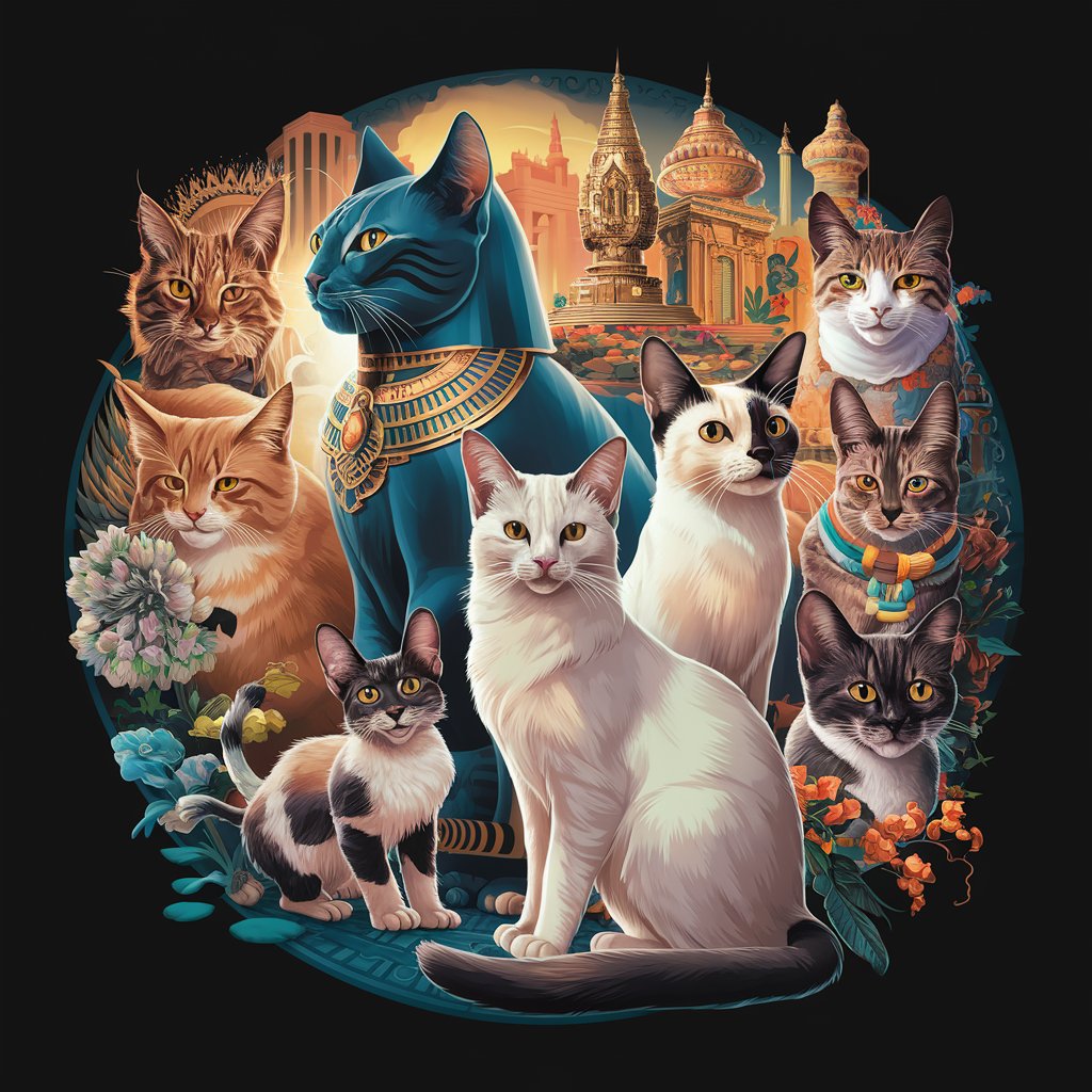 Uma ilustração cativante que retrata um grupo de diversos gatos, cada um representando vários significados espirituais e culturais. Um majestoso gato egípcio se ergue, simbolizando a antiga sabedoria e proteção. Um elegante gato siamês olha atentamente, representando graça e elegância. Um gato Manx brincalhão mostra sua falta de cauda única, personificando boa sorte e prosperidade. O plano de fundo apresenta uma mistura de elementos culturais, incluindo templos antigos, jardins ornamentados e paisagens urbanas vibrantes, refletindo a rica história e os diversos costumes associados a esses companheiros felinos.