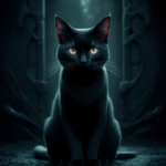 Um gato preto com olhos brilhantes sentado em um fundo escuro e misterioso, representando o misticismo e a aura espiritual que os gatos possuem.