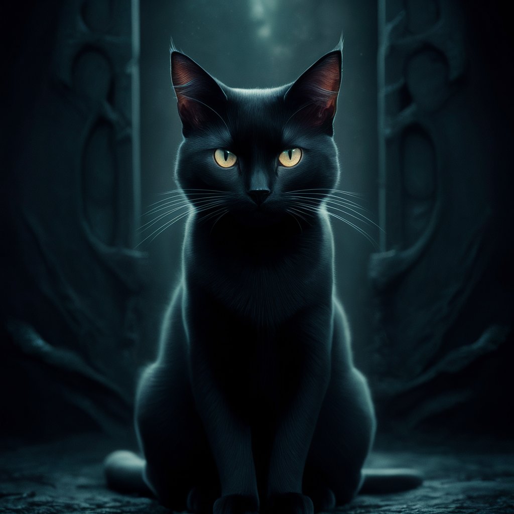 Um gato preto com olhos brilhantes sentado em um fundo escuro e misterioso, representando o misticismo e a aura espiritual que os gatos possuem.