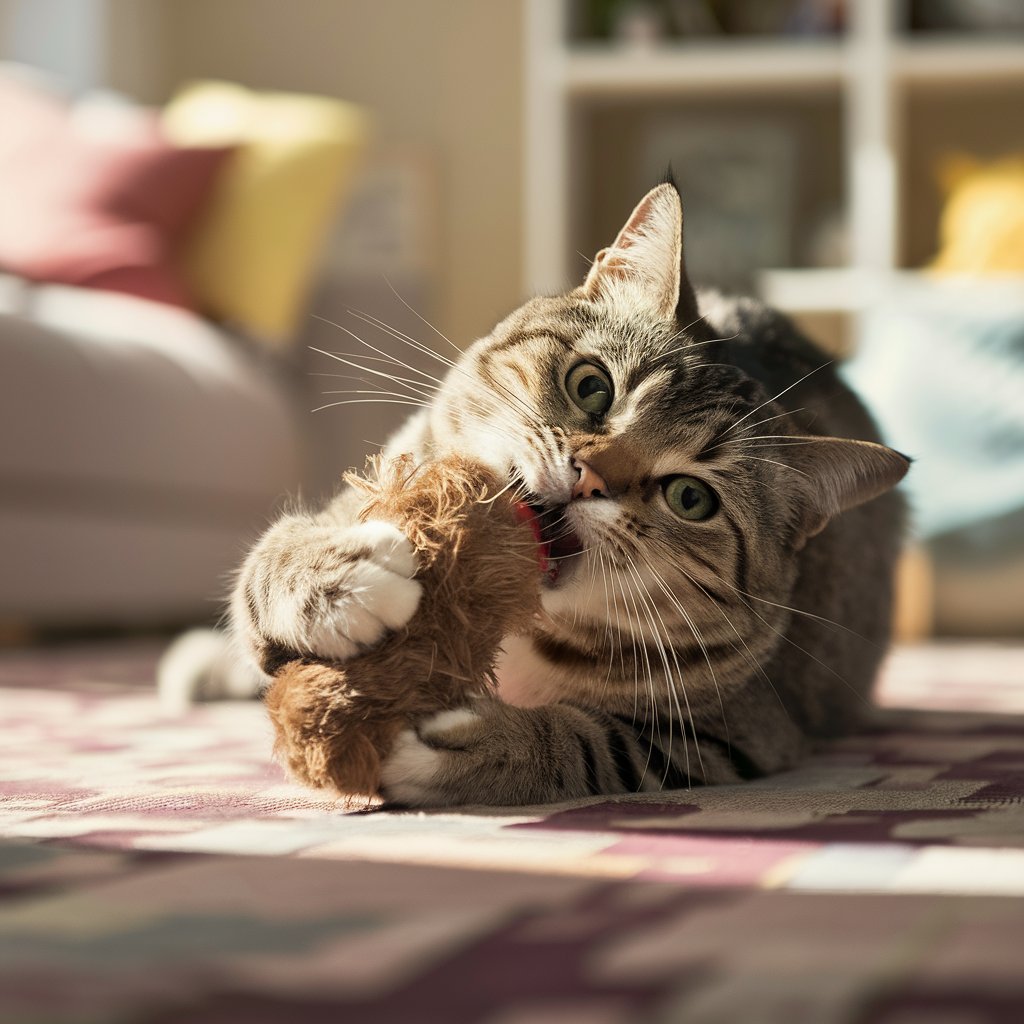 Um gato brincando com um brinquedo, refletindo seus instintos de caça e necessidade de estímulo.