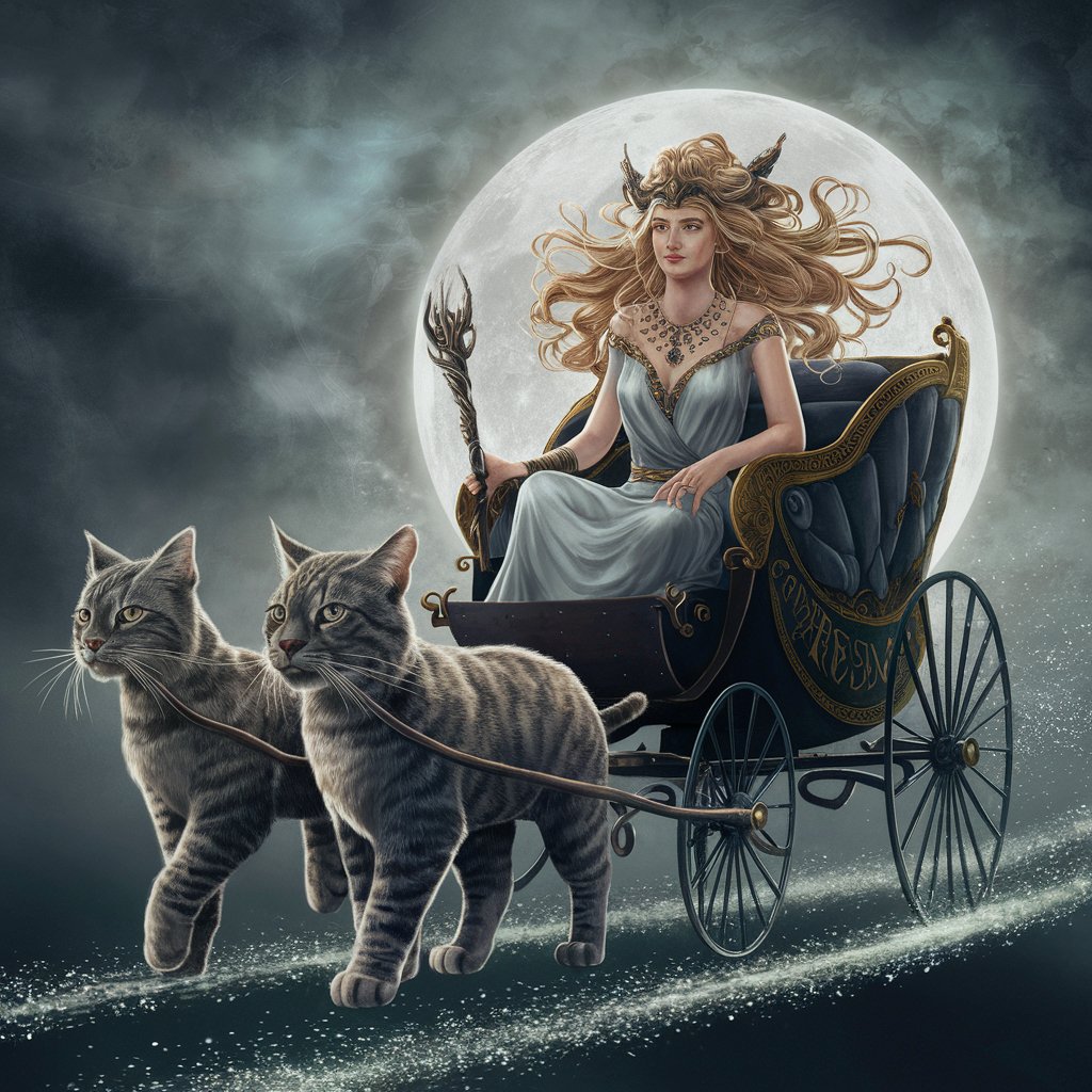 Ilustração de Freyja, a deusa nórdica, em uma carruagem puxada por grandes gatos, representando sua força e mistério.