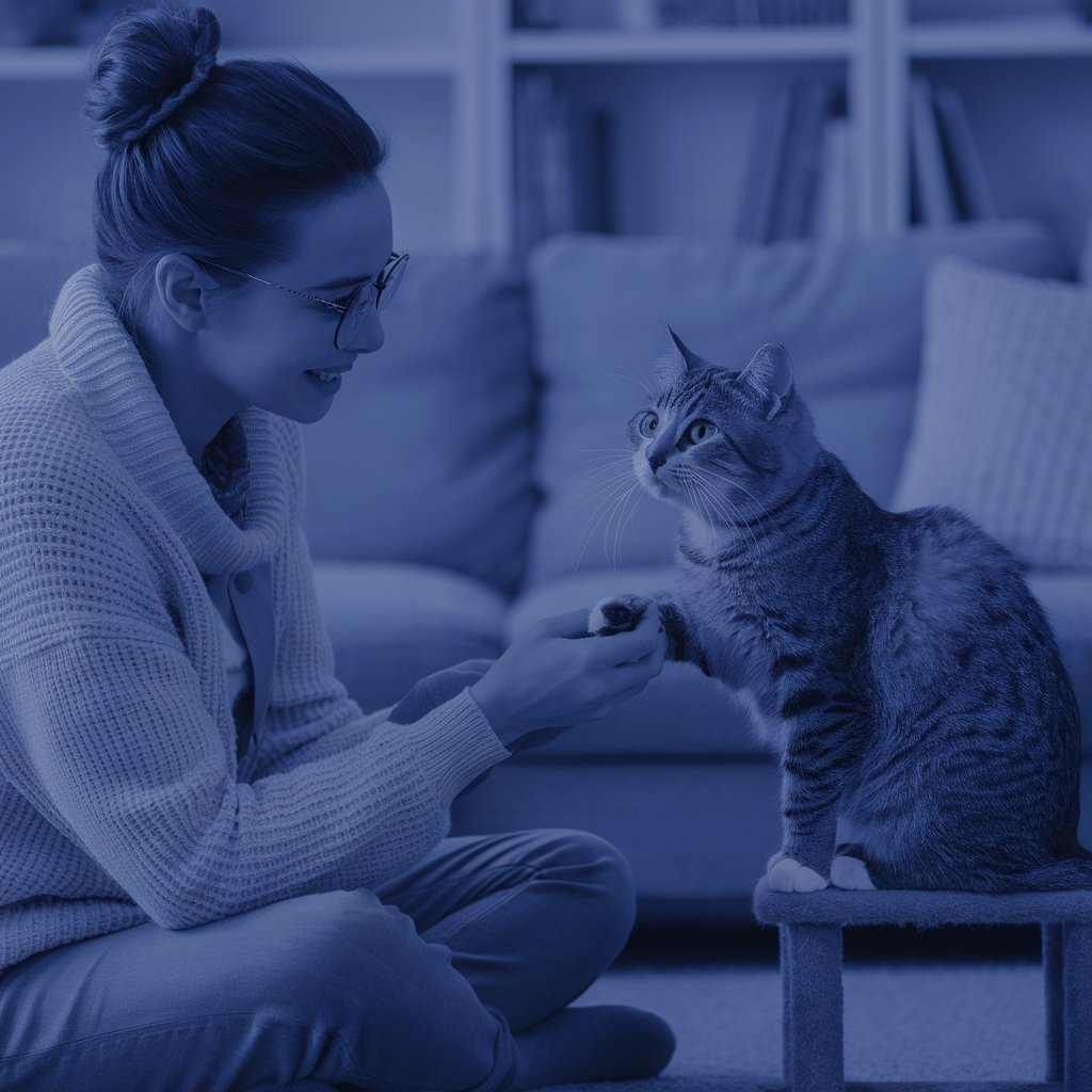 Especialista em comportamento felino trabalhando com um gato durante uma sessão de terapia comportamental.