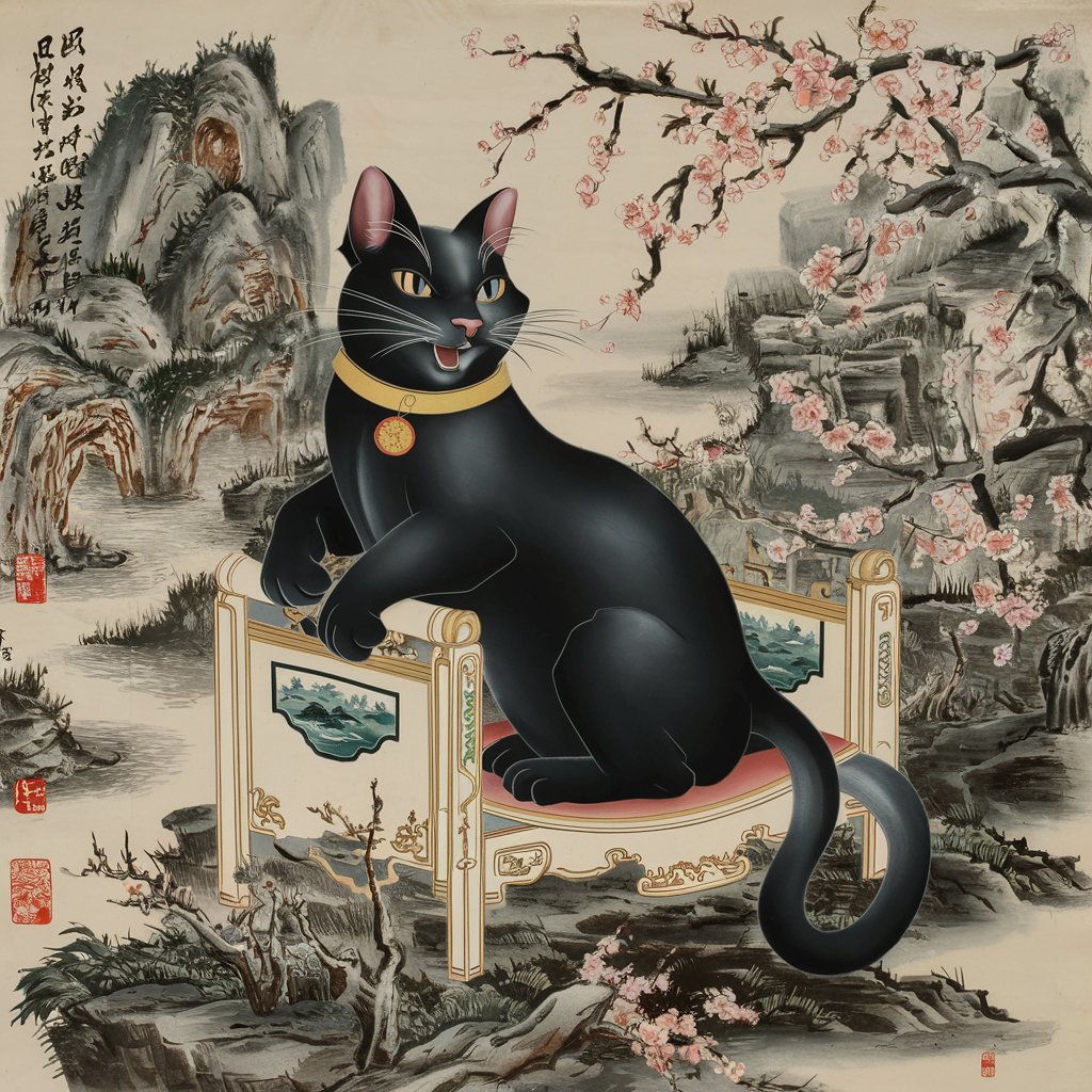 Pintura tradicional chinesa de um gato, representando sorte e prosperidade.