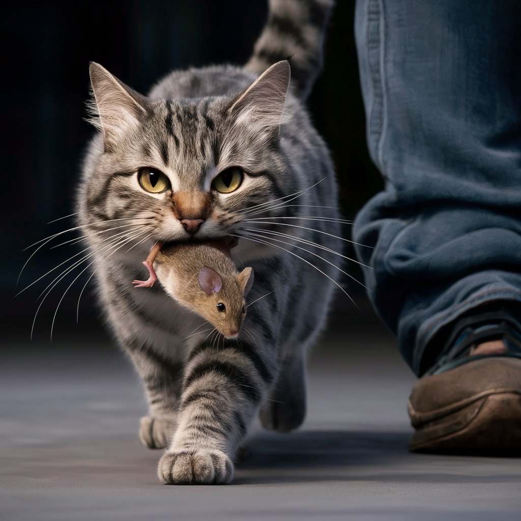 Um gato trazendo uma presa para seu dono, simbolizando confiança e afeto.