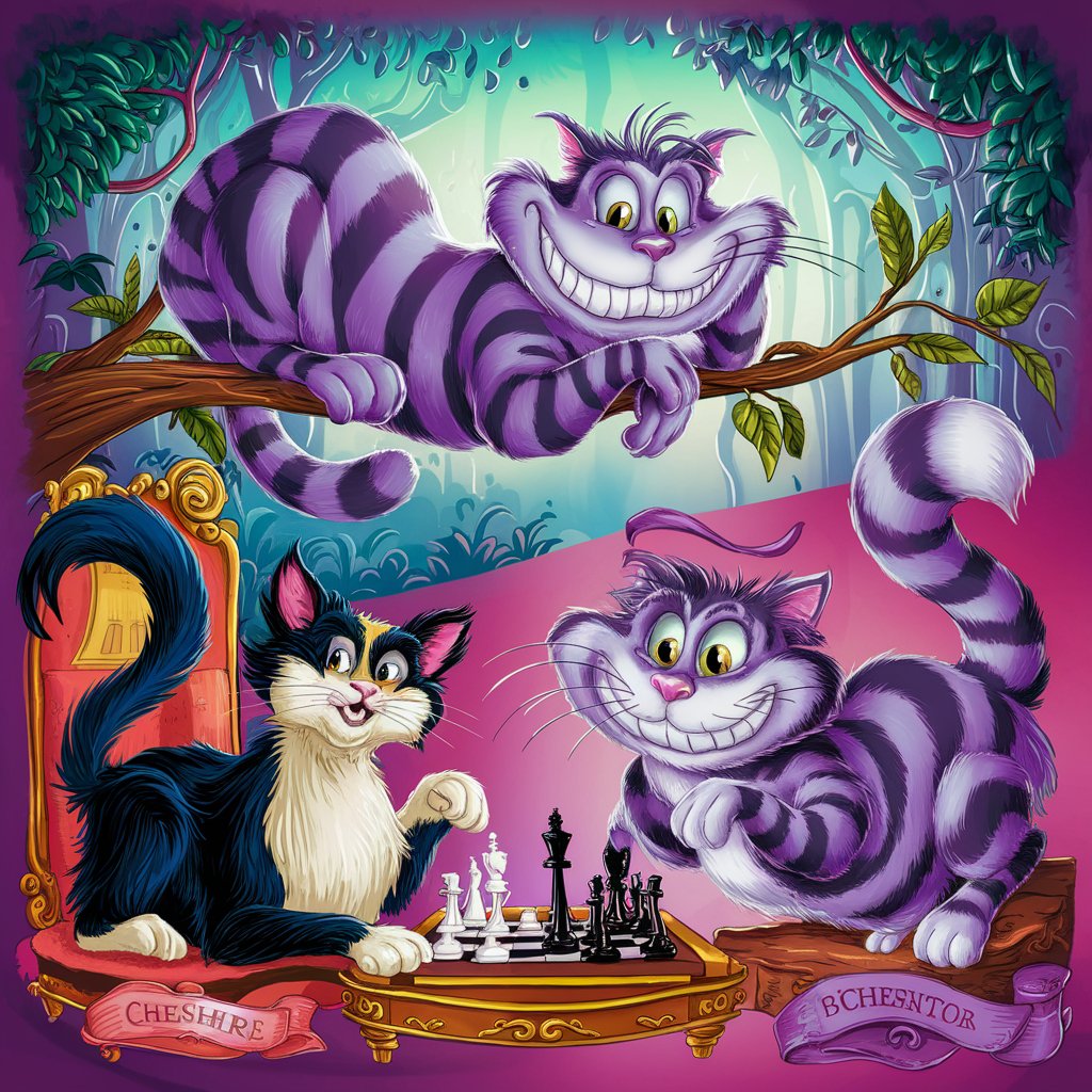 Ilustrações dos famosos gatos de Cheshire e Bichento, destacando suas características memoráveis na cultura popular.