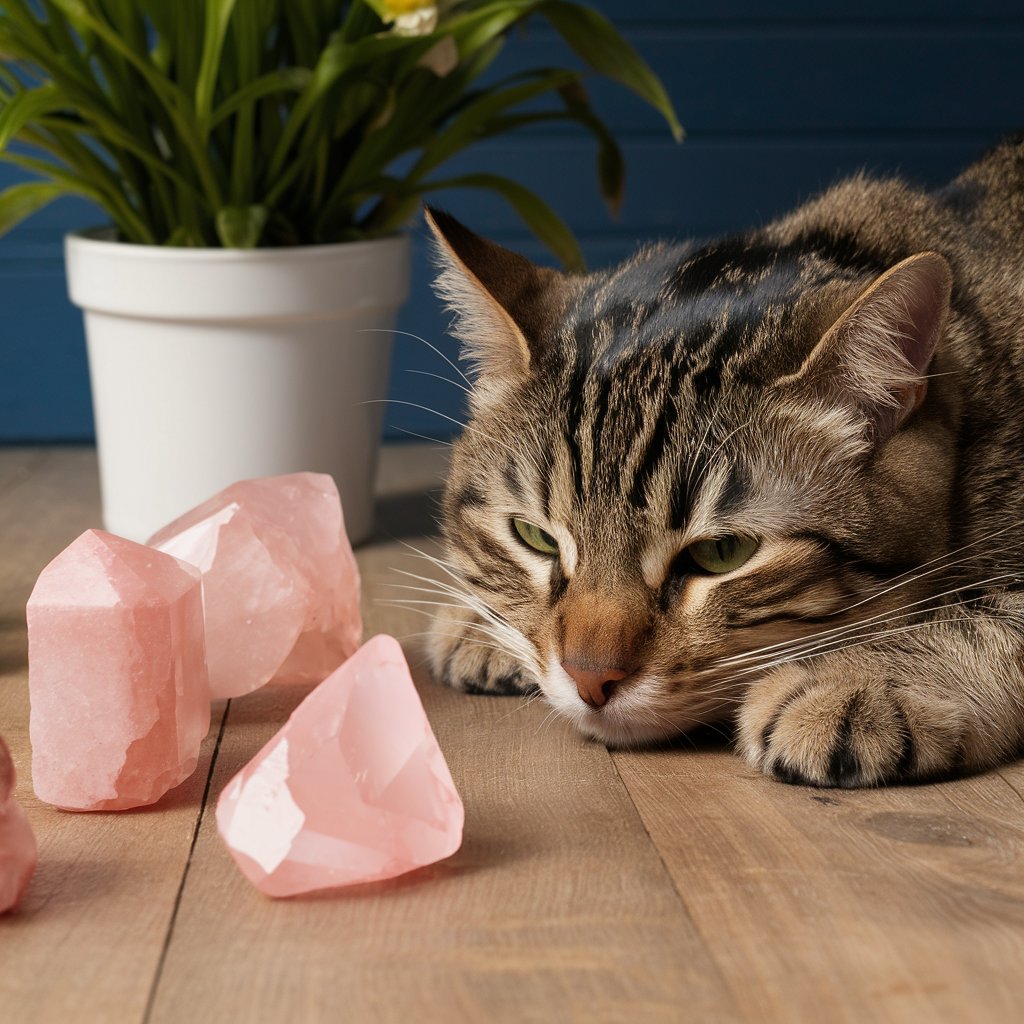 Ametistas e quartzos rosas próximos ao local de descanso de um gato, ilustrando o uso de cristais para promover bem-estar.