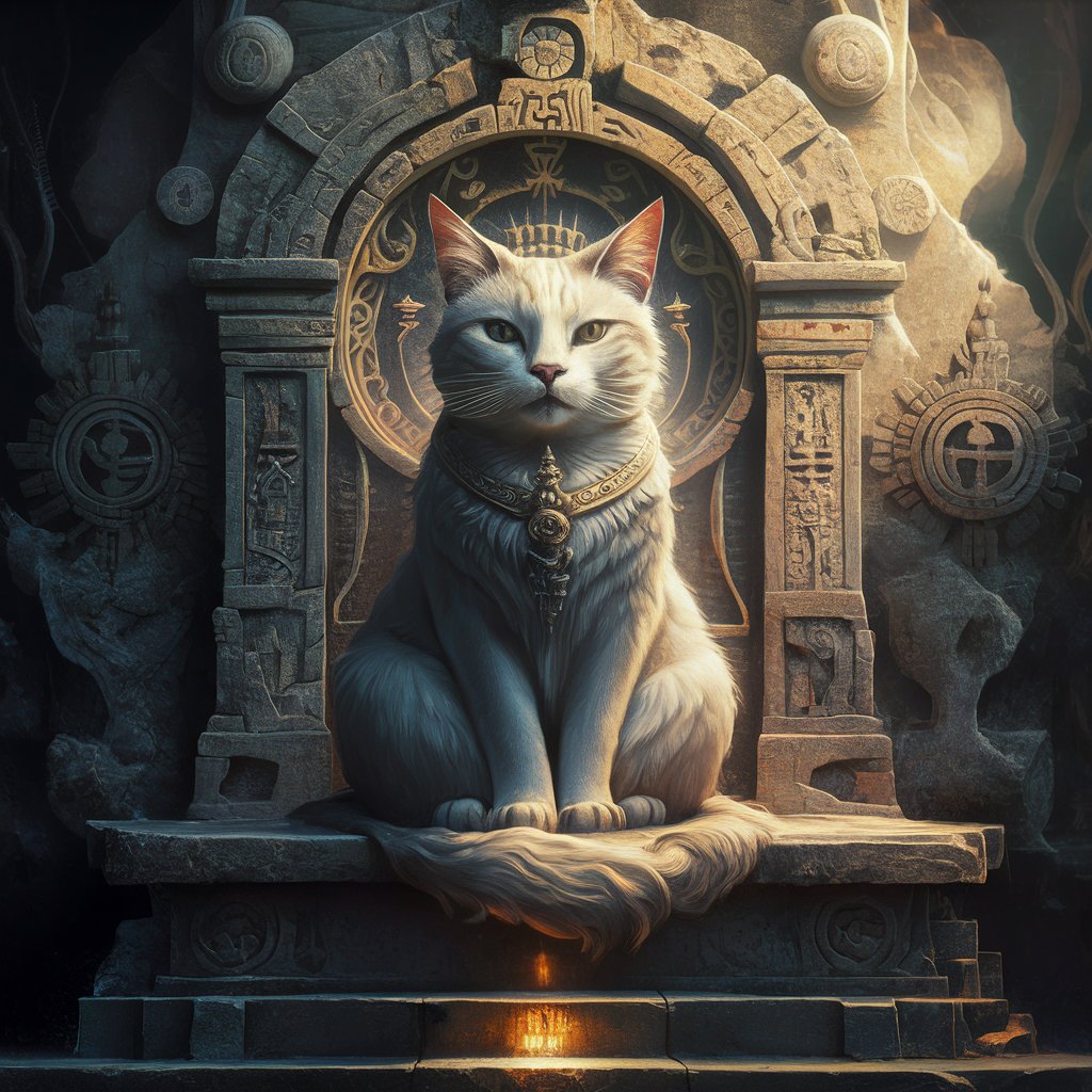 Um gato sentado calmamente em um altar ou templo, simbolizando seu papel como guardião espiritual.