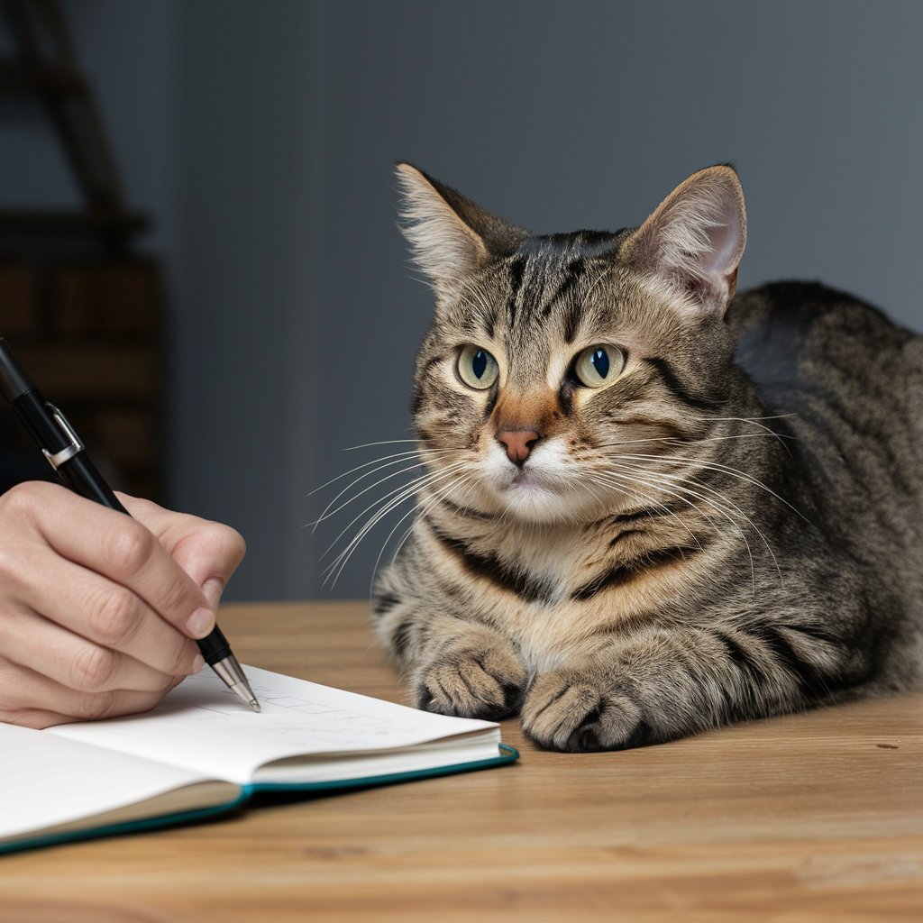 Pessoa fazendo anotações sobre o comportamento do gato, ilustrando a importância da observação cuidadosa.