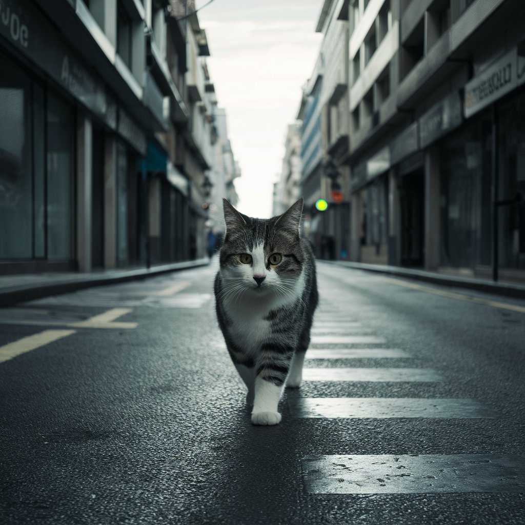 Um gato caminhando sozinho em uma cidade, simbolizando sua independência e autossuficiência.