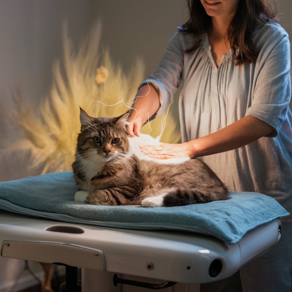 Uma sessão de Reiki sendo realizada em um gato, simbolizando o uso de terapias energéticas para promover bem-estar.