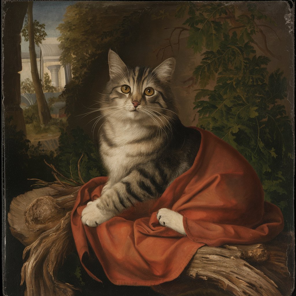 Um gato retratado em uma pintura clássica europeia, mostrando a evolução da percepção dos gatos ao longo da história.