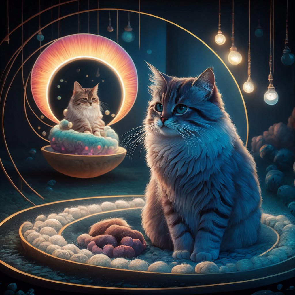 Ilustração onírica de um gato em um ambiente de sonho, refletindo os diversos significados dos sonhos com gatos.