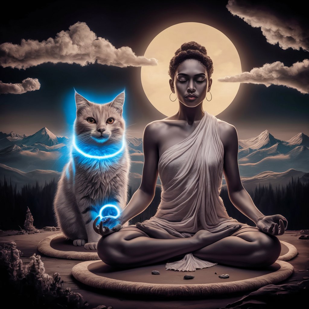 Uma pessoa meditando com um gato ao seu lado, simbolizando o gato como um guia espiritual.