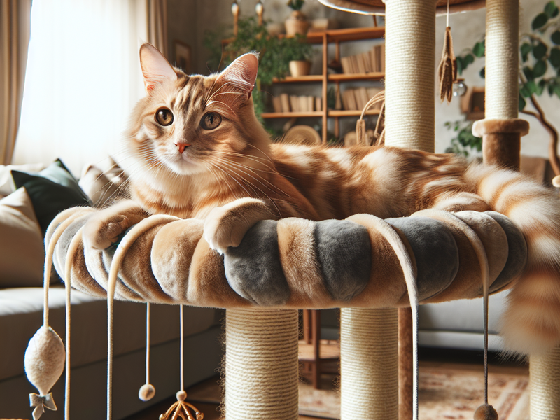 Gato em um ambiente gatificado, desfrutando de uma árvore de escalada e arranhador