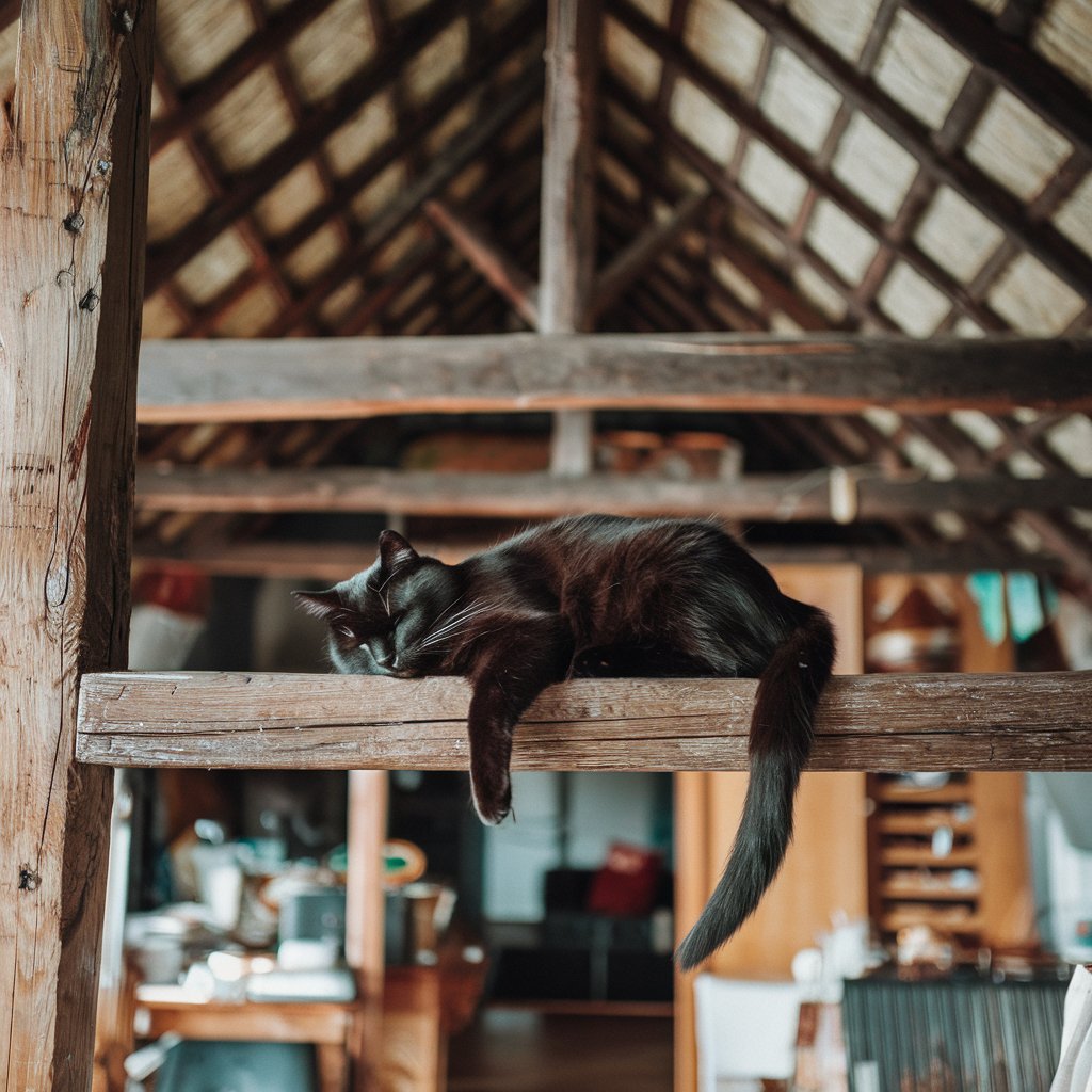 Gato preto dormindo tranquilamente sobre uma viga de madeira em um ambiente rústico, com teto de palha e estrutura de madeira exposta. Ao fundo, é possível ver uma área interna com móveis e utensílios.