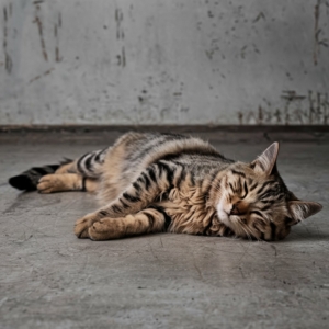 Gato listrado deitado em um chão de concreto, parecendo fraco ou cansado, com os olhos fechados. Ao fundo, uma parede desgastada com marcas de deterioração.