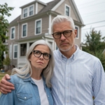 Casal branco na faixa dos 50 anos posando em frente a uma casa de estilo tradicional. O homem, de cabelos grisalhos curtos e óculos, está com expressão séria, enquanto a mulher, também com cabelos grisalhos e óculos, parece pensativa. A casa ao fundo tem janelas amplas e um telhado inclinado.