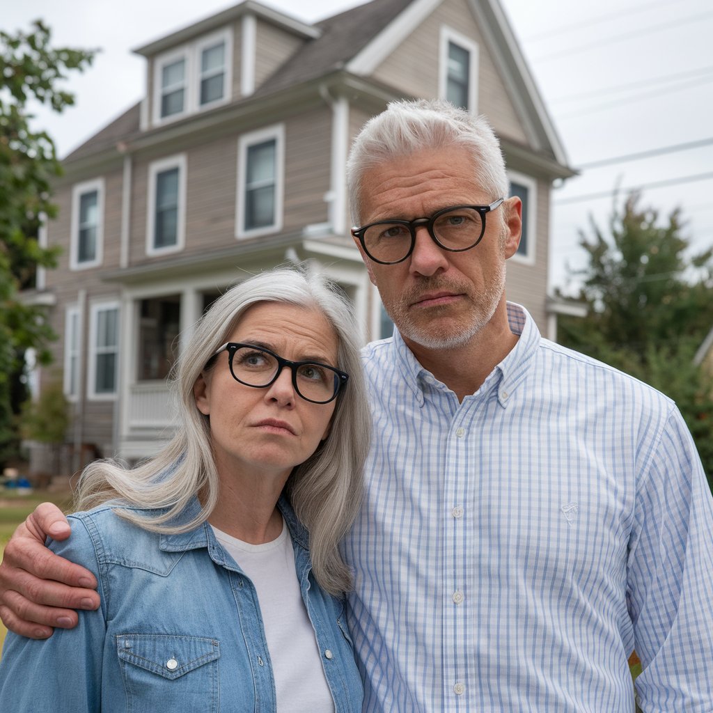 Casal branco na faixa dos 50 anos posando em frente a uma casa de estilo tradicional. O homem, de cabelos grisalhos curtos e óculos, está com expressão séria, enquanto a mulher, também com cabelos grisalhos e óculos, parece pensativa. A casa ao fundo tem janelas amplas e um telhado inclinado.