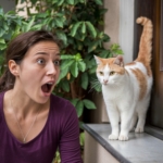 Mulher com expressão de choque, boca aberta, olhando para um gato branco com manchas laranja que está em pé sobre um parapeito de pedra, com plantas verdes ao fundo.