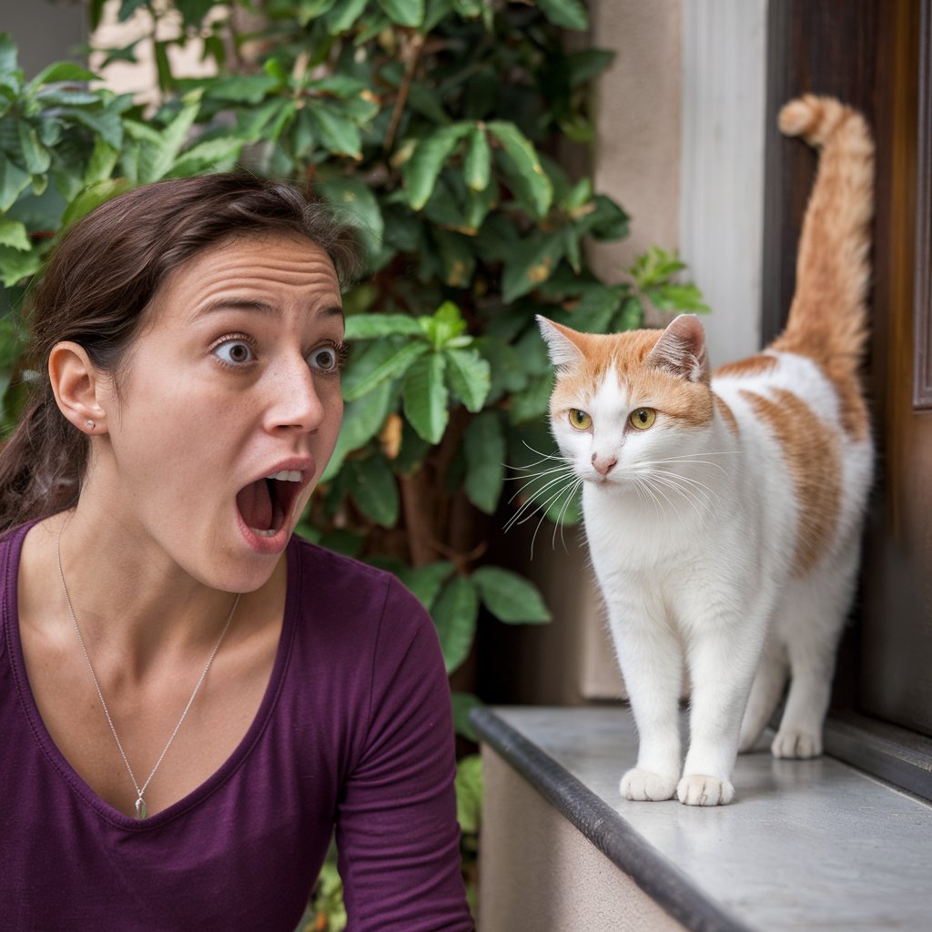 Mulher com expressão de choque, boca aberta, olhando para um gato branco com manchas laranja que está em pé sobre um parapeito de pedra, com plantas verdes ao fundo.