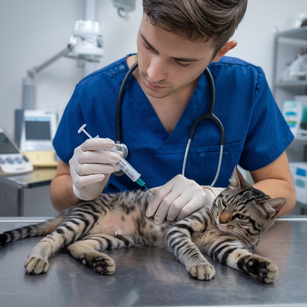 Jovem veterinário com jaleco azul e estetoscópio administrando uma injeção em um gato listrado que está deitado em uma mesa de aço inoxidável. O ambiente é uma clínica veterinária com equipamentos médicos ao fundo.