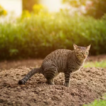 Imagem de um gato de pelagem rajada em tons de marrom, agachado sobre a terra em um jardim, em posição de defecar. Ao fundo, há plantas verdes desfocadas e iluminação natural ao entardecer, destacando o ambiente externo.