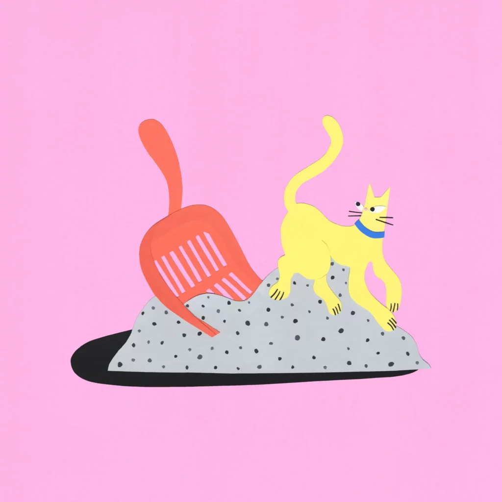 A imagem apresenta uma ilustração minimalista e estilizada com um fundo rosa vibrante. Há um gato amarelo com um colar azul, posicionado sobre um monte de areia com pequenos pontos pretos, que parece ser areia sanitária para gatos. Ao lado, há uma pá laranja usada para limpar a areia. A composição é simples e colorida, transmitindo um estilo moderno e divertido. Caso precise de mais detalhes ou explicações, estou à disposição!