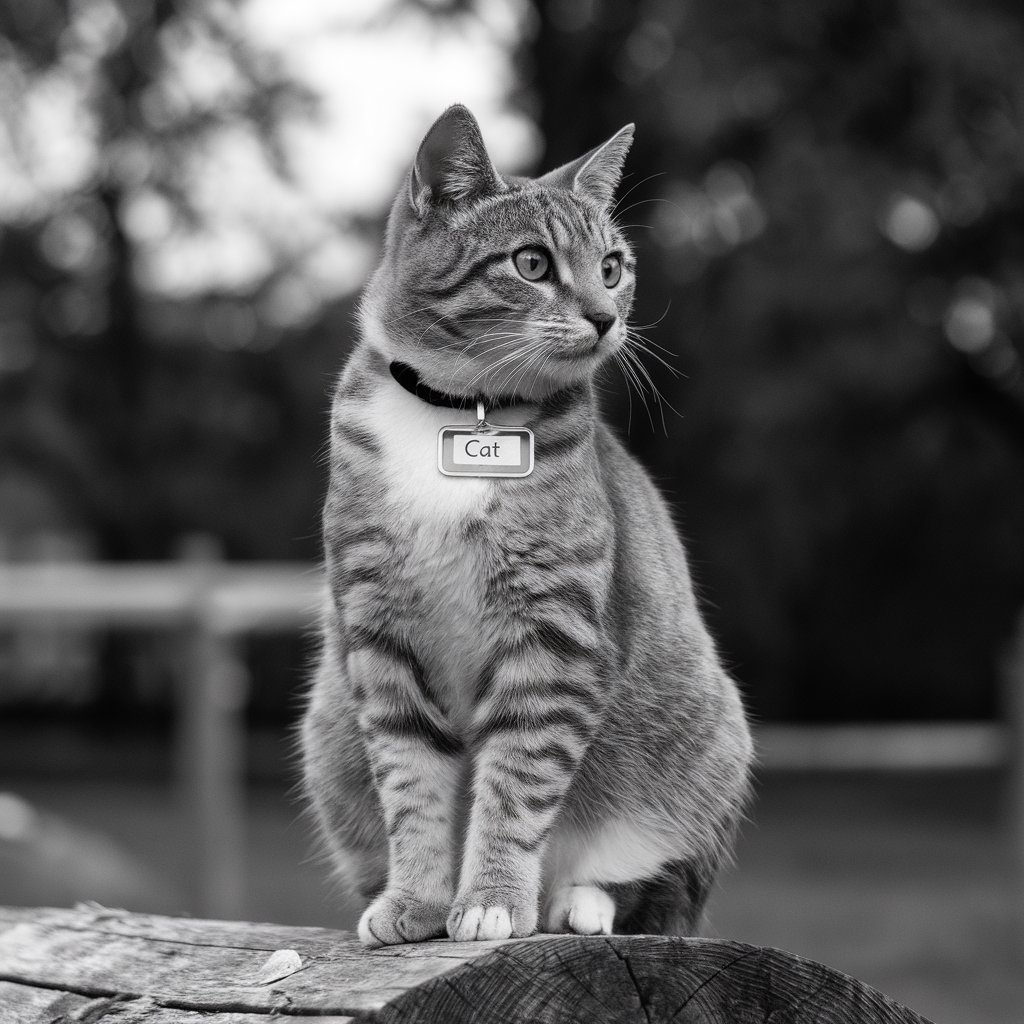 Fotografia em preto e branco de um gato listrado sentado sobre um tronco de madeira. O gato usa uma coleira com uma plaquinha retangular onde está escrito "Cat". O fundo é desfocado, com árvores e estruturas de madeira.