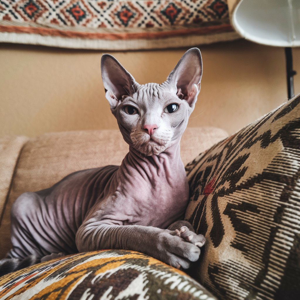 Gato Sphynx sem pelos deitado em um sofá com almofadas estampadas, olhando diretamente para a câmera em um ambiente aconchegante com decoração étnica ao fundo.