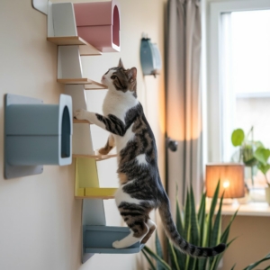 Gato listrado com manchas brancas subindo uma escada de pequenas prateleiras fixadas na parede, decoradas com nichos coloridos em tons pastel. O ambiente interno possui luz suave, uma janela ao fundo, e plantas decorativas próximas.