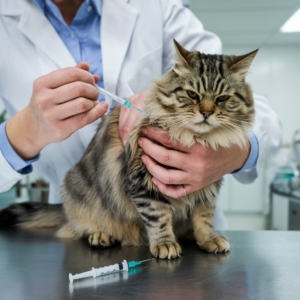 Gato listrado de pelo longo recebendo uma vacina em uma clínica veterinária. O veterinário, vestido com jaleco branco, segura o gato enquanto aplica a injeção. Uma seringa vazia está sobre a mesa de aço inoxidável.