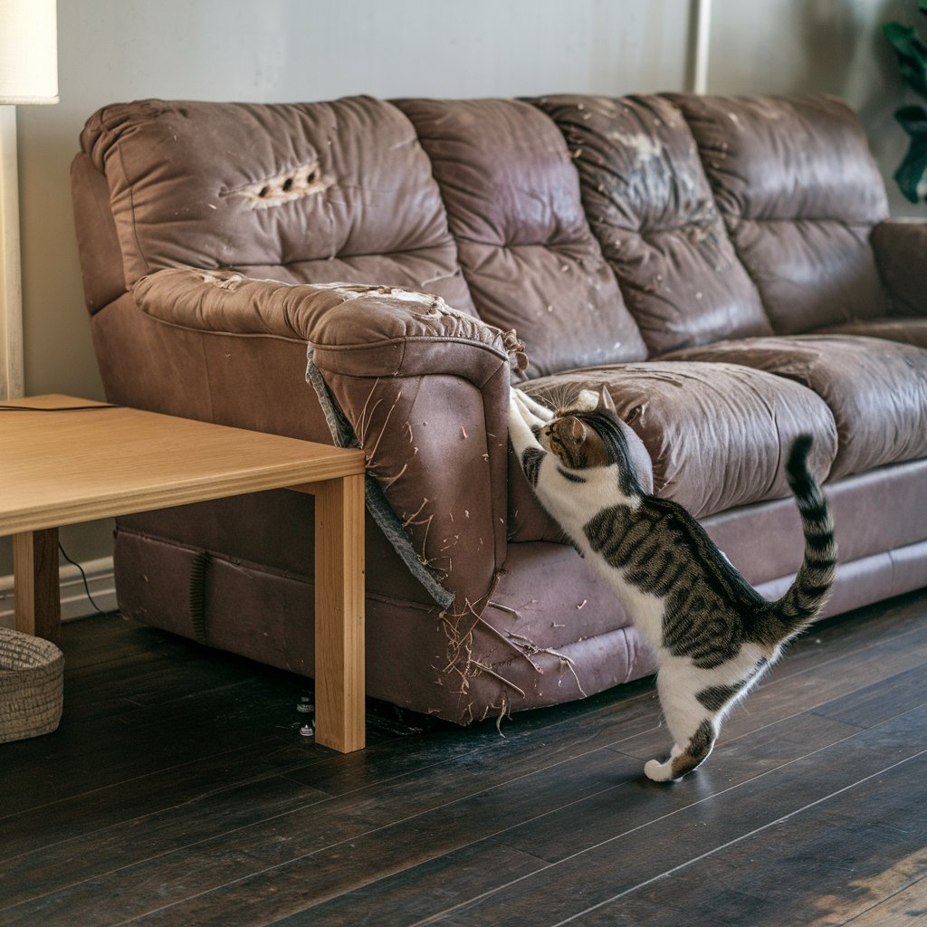 Gato listrado com manchas brancas arranhando a lateral de um sofá de couro marrom, visivelmente danificado com rasgos e marcas de arranhões. Ao lado, uma mesa de madeira clara e um ambiente interno com piso de madeira escura. A cena é iluminada por uma lâmpada próxima.