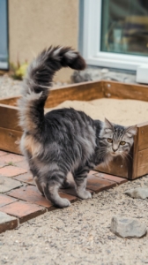 Gato cinza de pelos longos próximo a uma caixa de areia de madeira, em ambiente externo, olhando para trás com expressão curiosa.