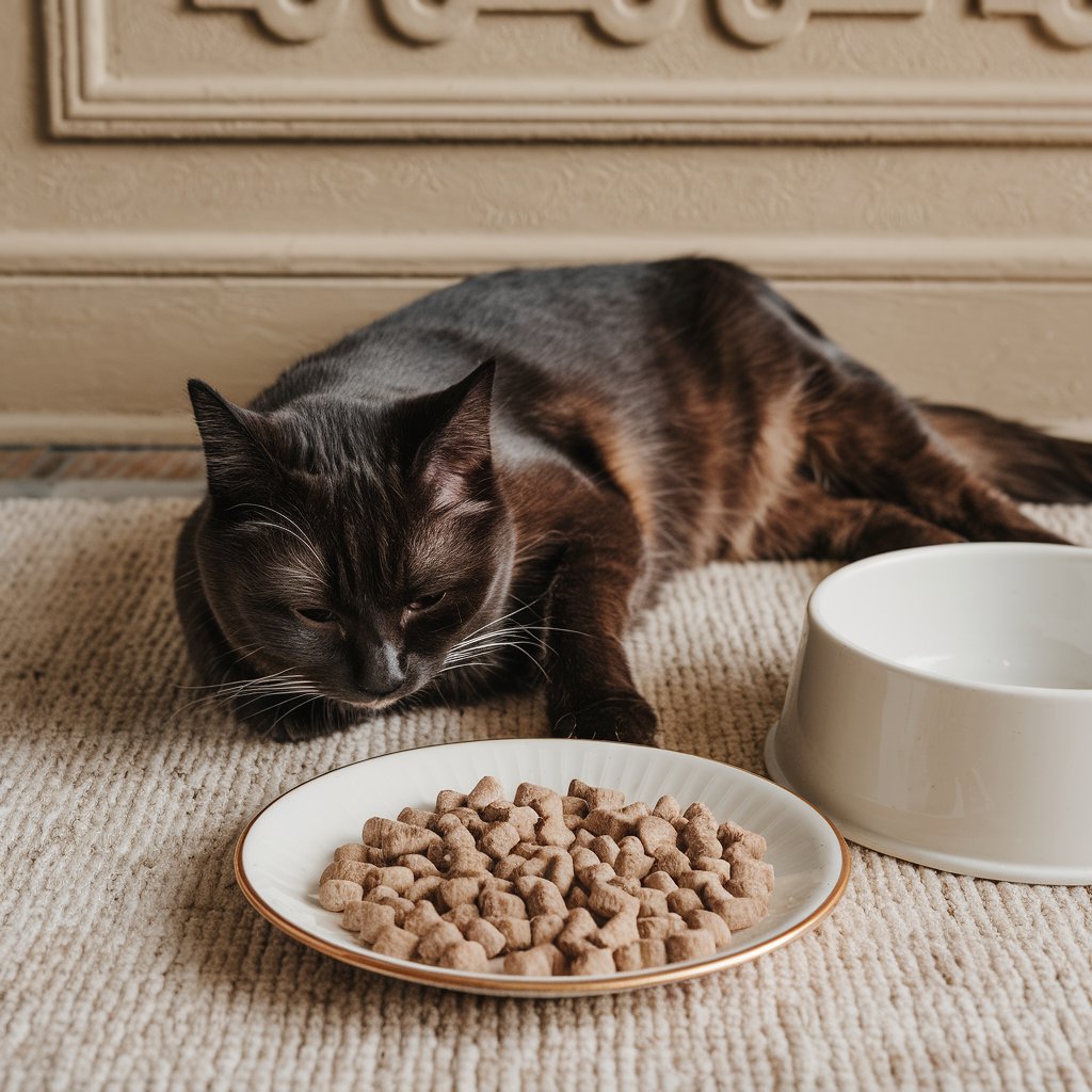  Gato de pelagem preta e marrom deitado em tapete próximo a prato com ração e tigela branca vazia, em um ambiente aconchegante com parede decorada ao fundo.